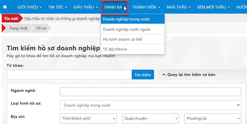 tìm kiếm thông tin nhà cung cấp trên dauthau net