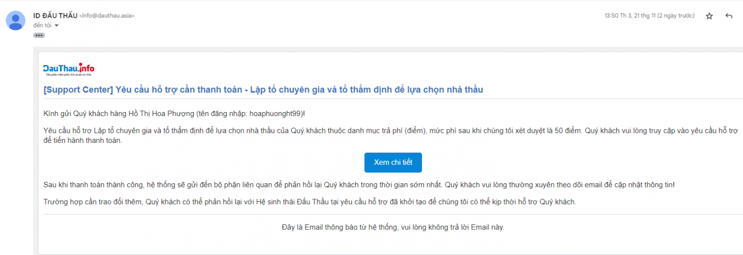 email thanh toán yêu cầu hỗ trợ