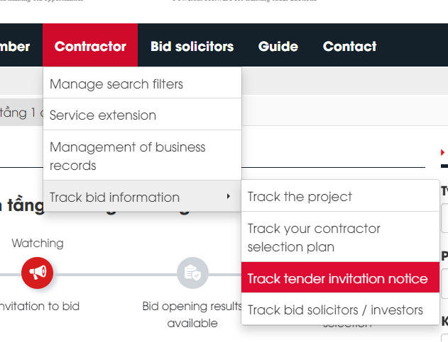 Figure 1 3 Select TBMT and click to track the bidding package that the contractor is interested in
