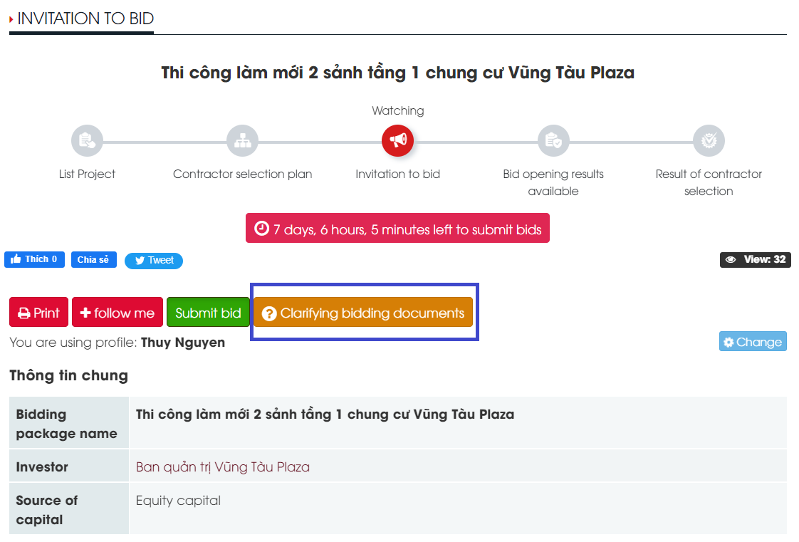 Picture 1 3 Select clarify bidding documents to clarify necessary information about the bidding package that the user is interested in