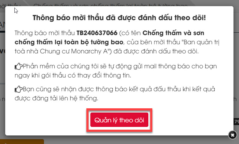 Hình 1 4 2 Thông báo theo dõi TBMT thành côngHình 1 4 2 Thông báo theo dõi thông báo mời thầu thành công